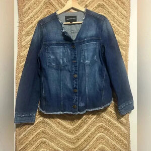 WhoWhatWear Women's Dark Wash Denim Fringe Biker Jacket, Size L,Brand New no tag